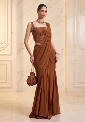 Coffee Brown Handwork Pre Draped Saree Set
