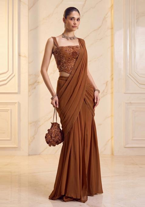 Coffee Brown Handwork Pre Draped Saree Set