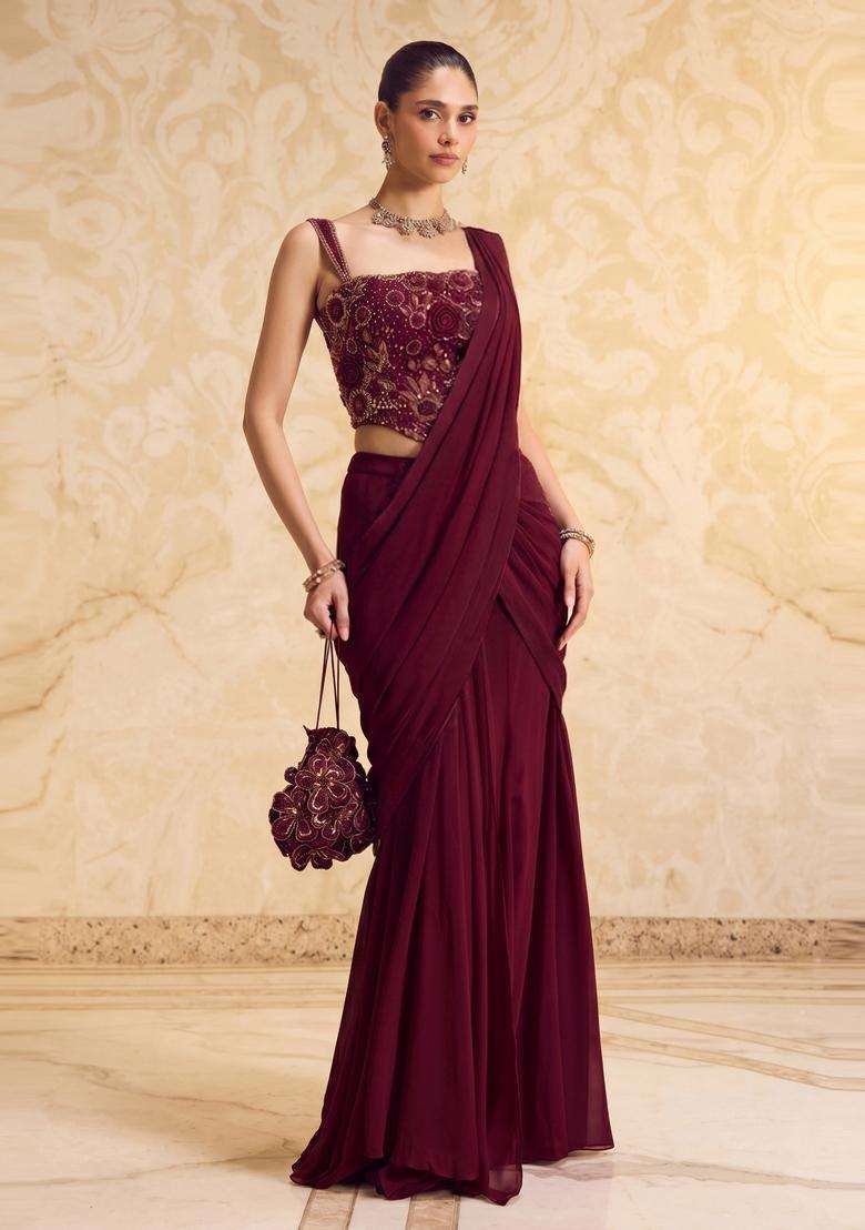 Wine Handwork Pre Draped Saree Set - Indya