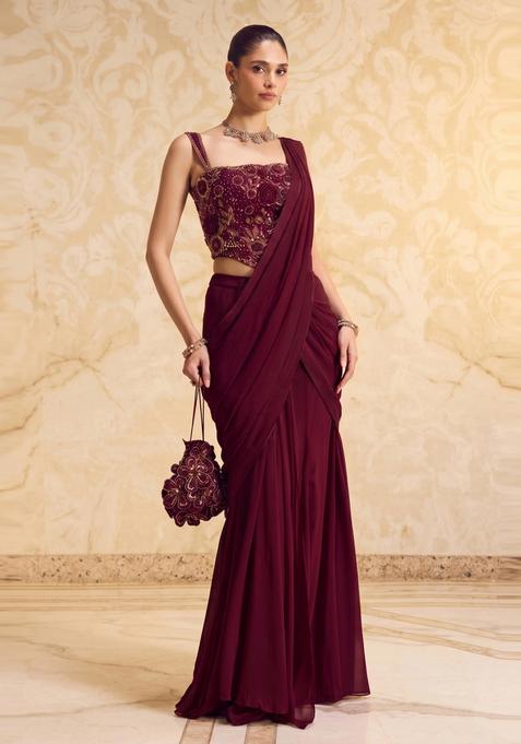 Wine Handwork Pre Draped Saree Set