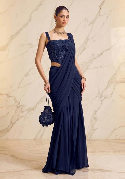 Navy Blue Handwork Pre Draped Saree Set