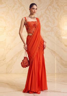 Bright Orange Handwork Pre Draped Saree Set