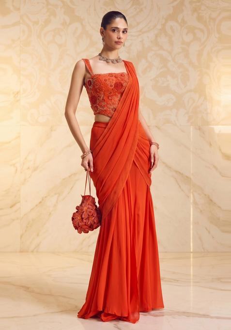 Bright Orange Handwork Pre Draped Saree Set