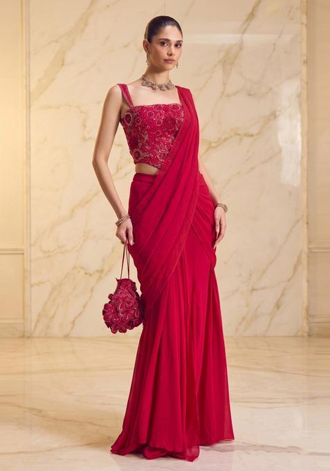 Magenta Handwork Pre Draped Saree Set