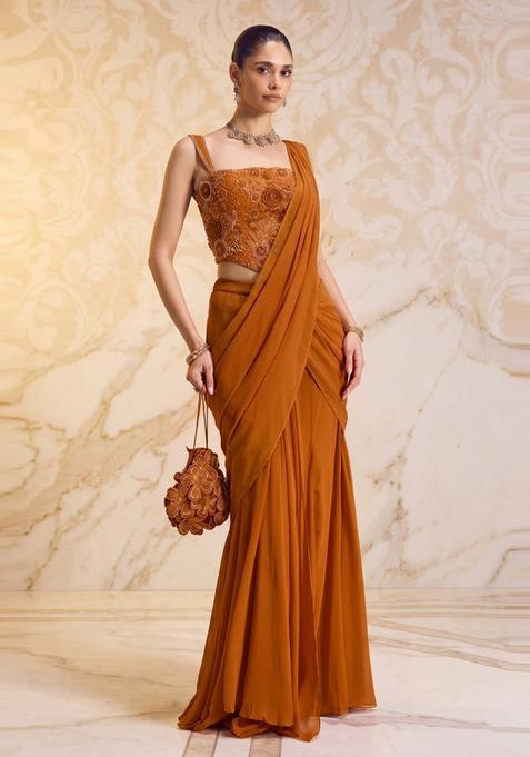 Rust Brown Handwork Pre Draped Saree Set