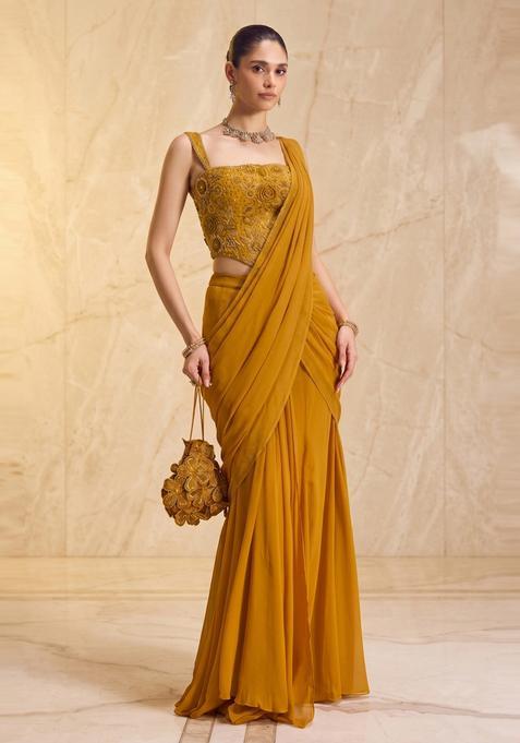 Mustard Yellow Handwork Pre Draped Saree Set