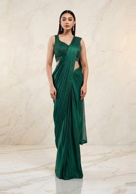 Emerald Green Handwork Pre Draped Saree Set