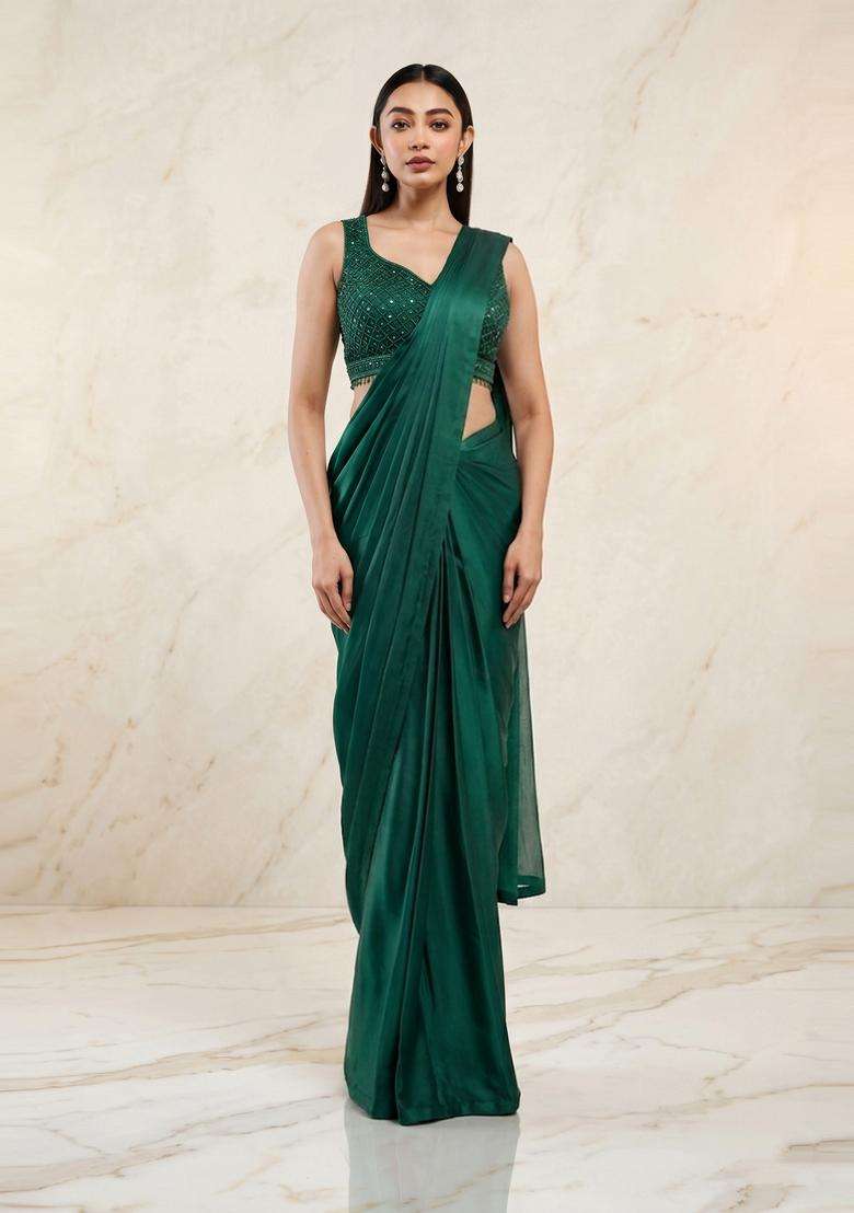 Emerald Green Handwork Pre Draped Saree Set - Indya