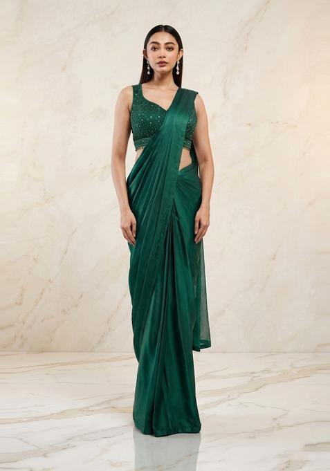 Emerald Green Handwork Pre Draped Saree Set