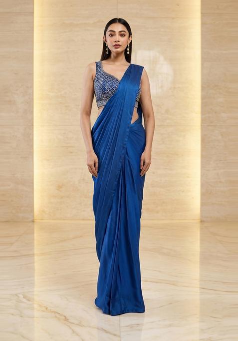 Royal Blue Handwork Pre Draped Saree Set