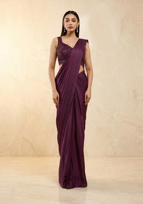 Deep Wine Handwork Pre Draped Saree Set