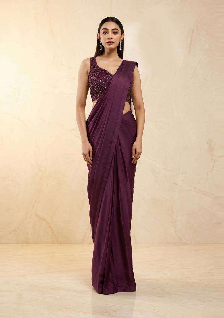 Deep Wine Handwork Pre Draped Saree Set - Indya