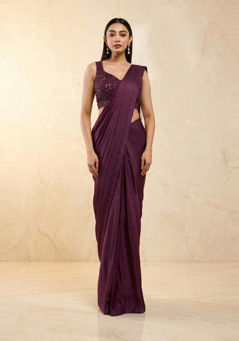 Deep Wine Handwork Pre Draped Saree Set