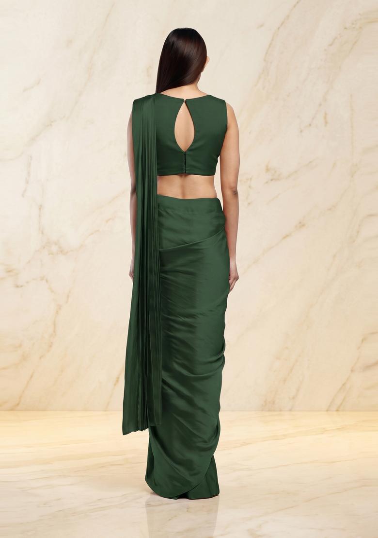 Dark Green Handwork Pre Draped Saree Set - Indya