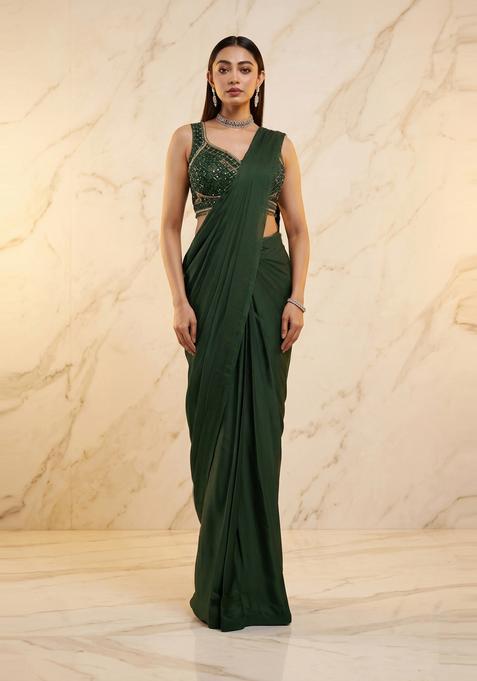 Dark Green Handwork Pre Draped Saree Set
