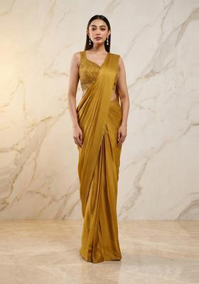 Mustard Yellow Handwork Pre Draped Saree Set