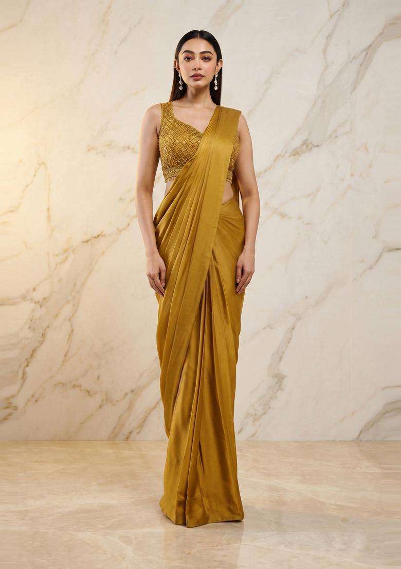 Mustard Yellow Handwork Pre Draped Saree Set - Indya