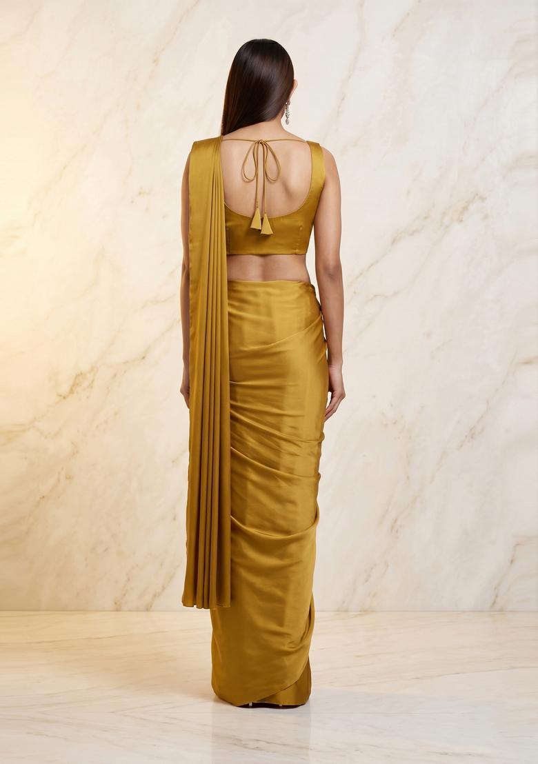 Mustard Yellow Handwork Pre Draped Saree Set - Indya