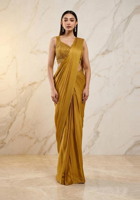 Mustard Yellow Handwork Pre Draped Saree Set