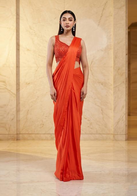 Bright Orange Handwork Pre Draped Saree Set