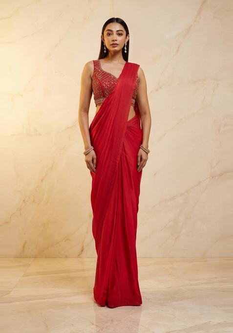 Bright Red Handwork Pre Draped Saree Set
