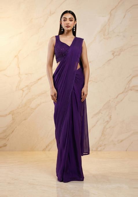 Deep Purple Handwork Pre Draped Saree Set