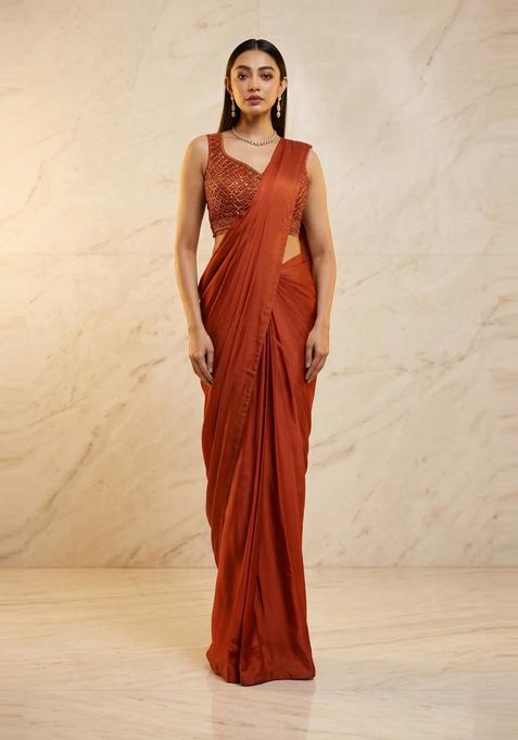 Rust Orange Handwork Pre Draped Saree Set