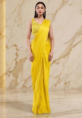 Bright Yellow Handwork Pre Draped Saree Set