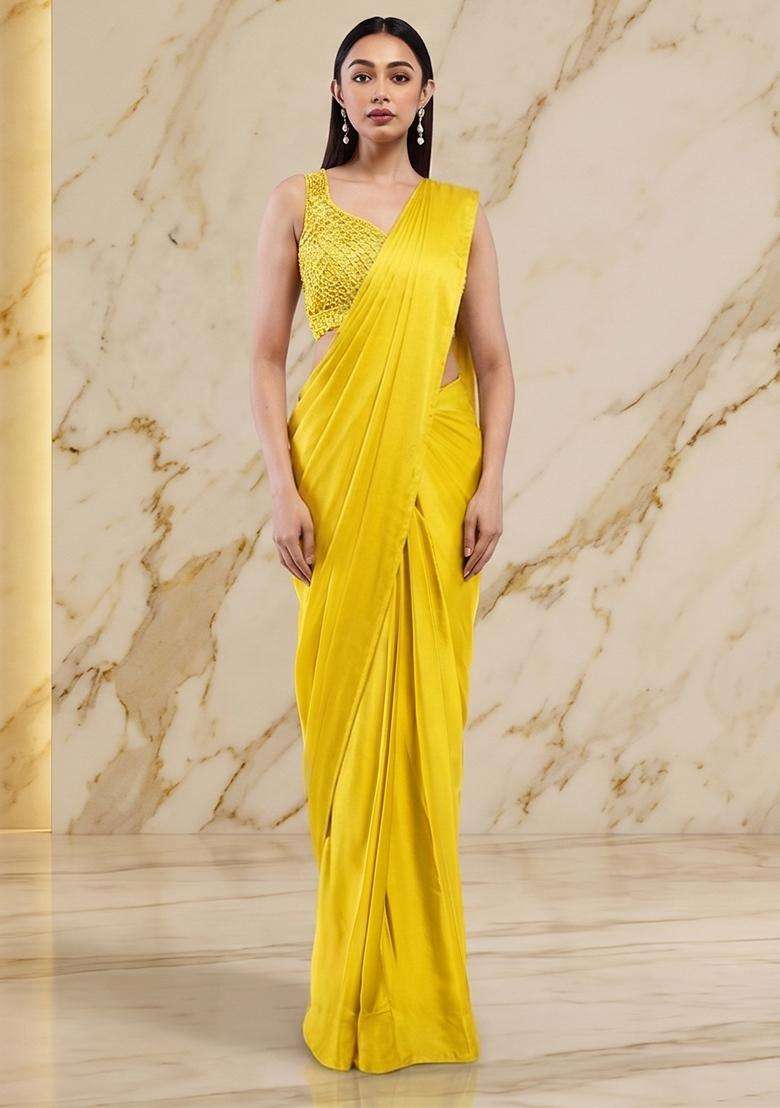 Bright Yellow Handwork Pre Draped Saree Set - Indya