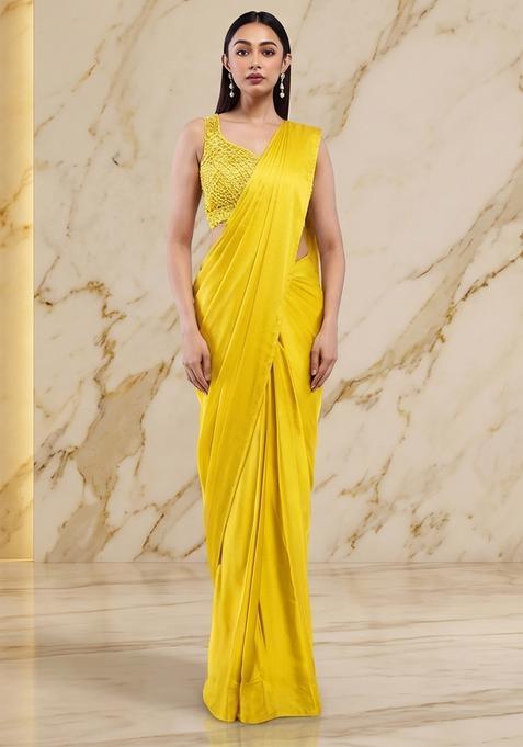 Bright Yellow Handwork Pre Draped Saree Set