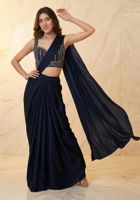 Navy Blue Handwork Pre Draped Saree Set