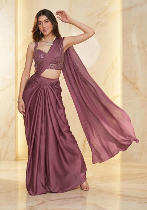 Mauve Handwork Pre Draped Saree Set