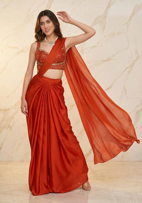 Rust Orange Handwork Pre Draped Saree Set