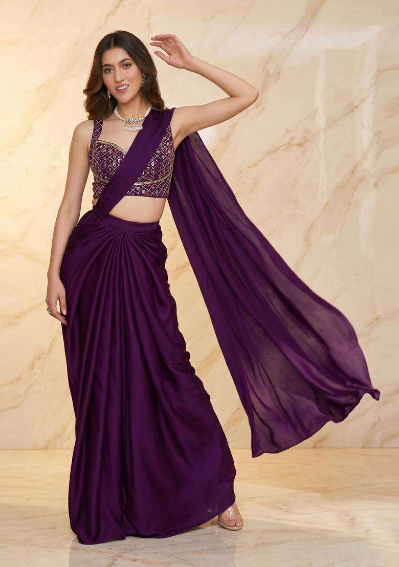 Deep Purple Handwork Pre Draped Saree Set - Indya