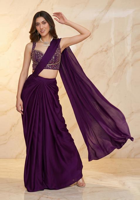 Deep Purple Handwork Pre Draped Saree Set