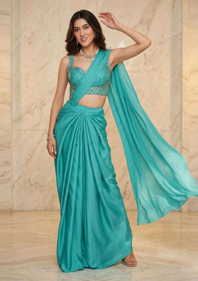 Turquoise Handwork Pre Draped Saree Set - Indya