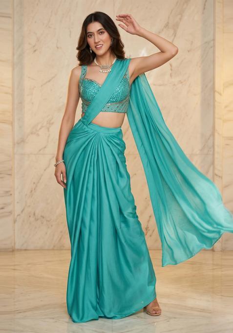 Turquoise Handwork Pre Draped Saree Set