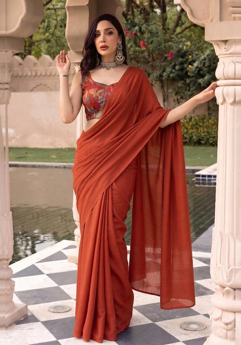Red Printed Organza Pre Draped Saree Set