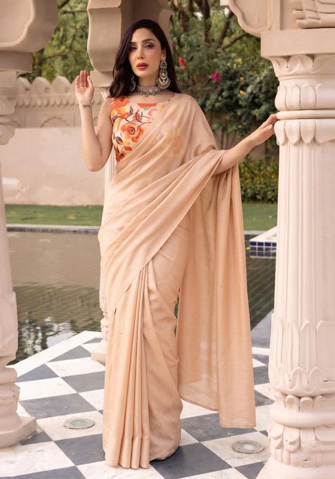 Peach Printed Organza Pre Draped Saree Set