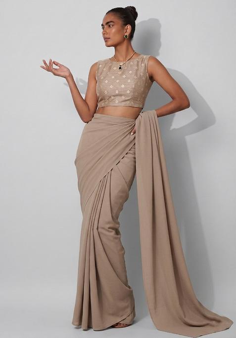 Brown Embroidered Silk Pre Draped Saree Set