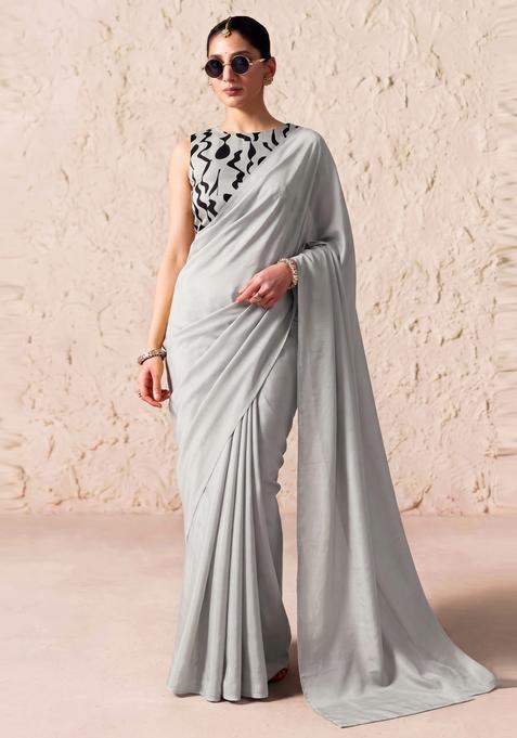 Light Grey Printed Crepe Pre Draped Saree Set