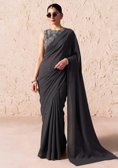 Black Printed Crepe Pre Draped Saree Set