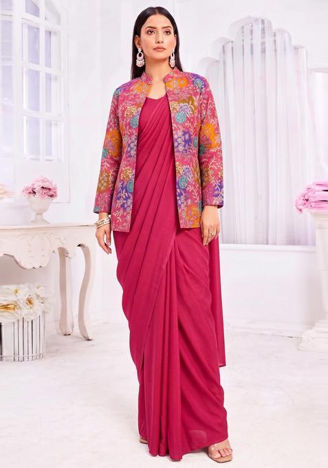 Dark Pink Printed Crepe Pre Draped Saree Set