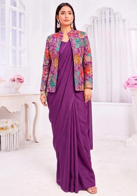 Deep Purple Printed Crepe Pre Draped Saree Set