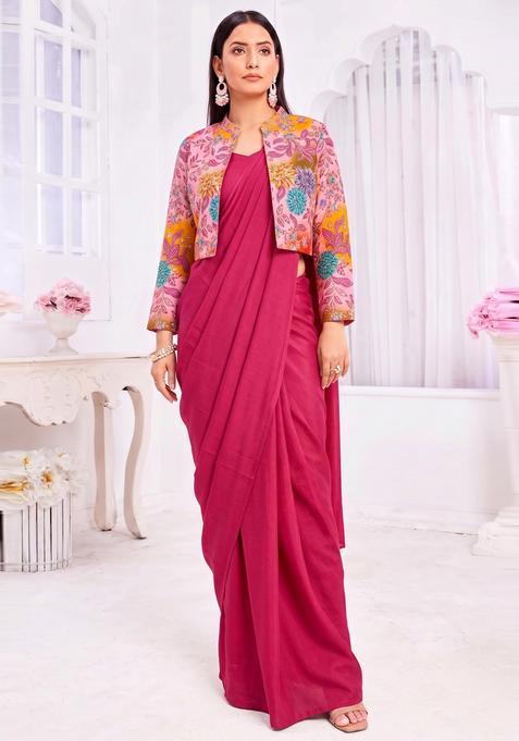 Pastel Pink Printed Crepe Pre Draped Saree Set