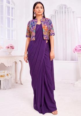 Deep Purple Printed Organza Pre Draped Saree Set