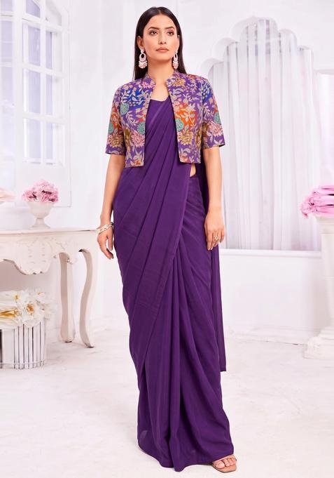 Deep Purple Printed Organza Pre Draped Saree Set