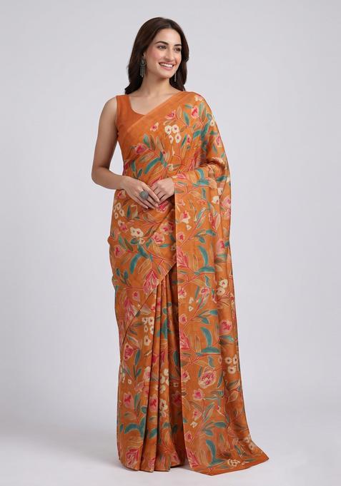 Rust Printed Georgette Pre Draped Saree Set