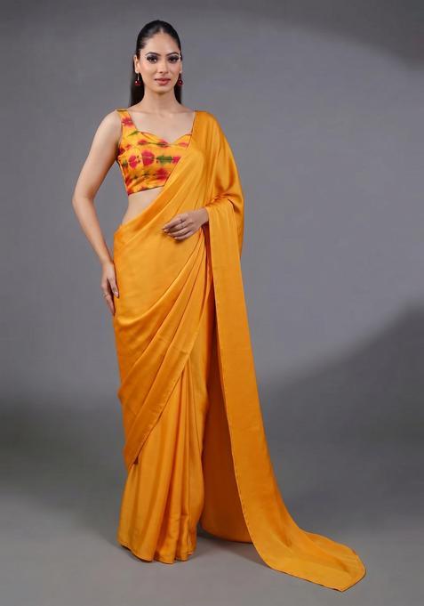 Mustard Yellow Tie and Dye Satin Pre Draped Saree Set