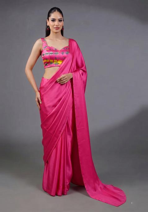 Pink Tie and Dye Satin Pre Draped Saree Set